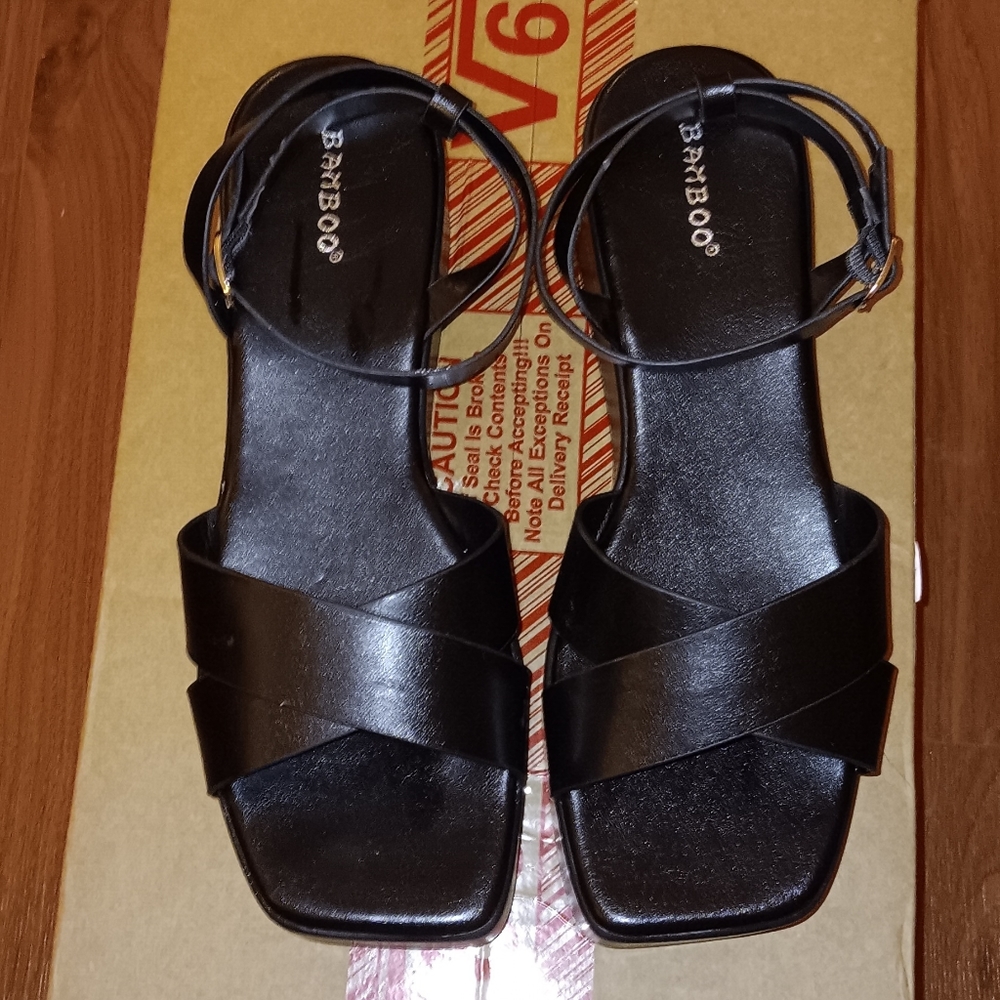 Black 8.5 Wedge ankle strap sandals NEVER WORN